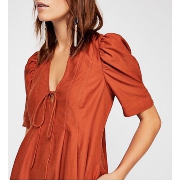 Free People Adela Tunic Mini Dress Tie Front Puff Sleeve Brick Orange Small - Picture 2 of 14